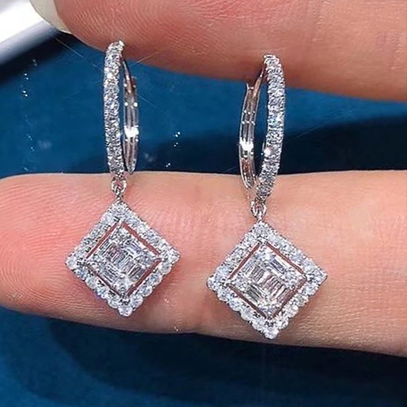 Huitan Luxury Silver Color Dangle Earrings for Women Square Pendant Fashion Bride Wedding Earrings Good Quality Female Jewelry view 3