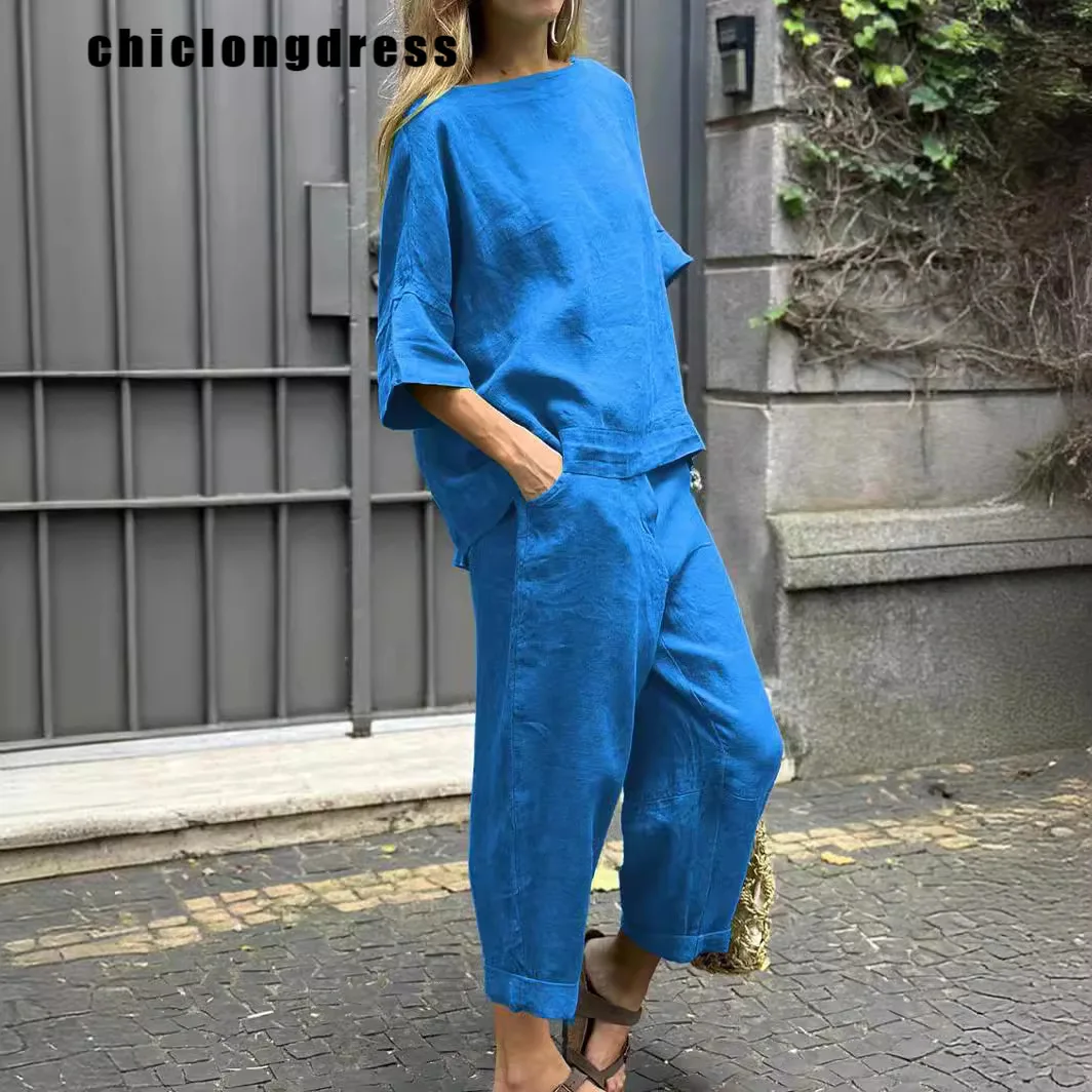 

Summer Casual Loose Two Piece Set Women Fashiona Solid Color Cotton Linen Tshirt Wide Leg Pants Two Piece Set Women