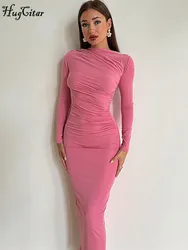 Hugcitar Female Elegant Solid O Neck Long Sleeve Ruched Slit Sexy Slim Maxi Prom Dress Spring Clothes Birthday Party Vacation