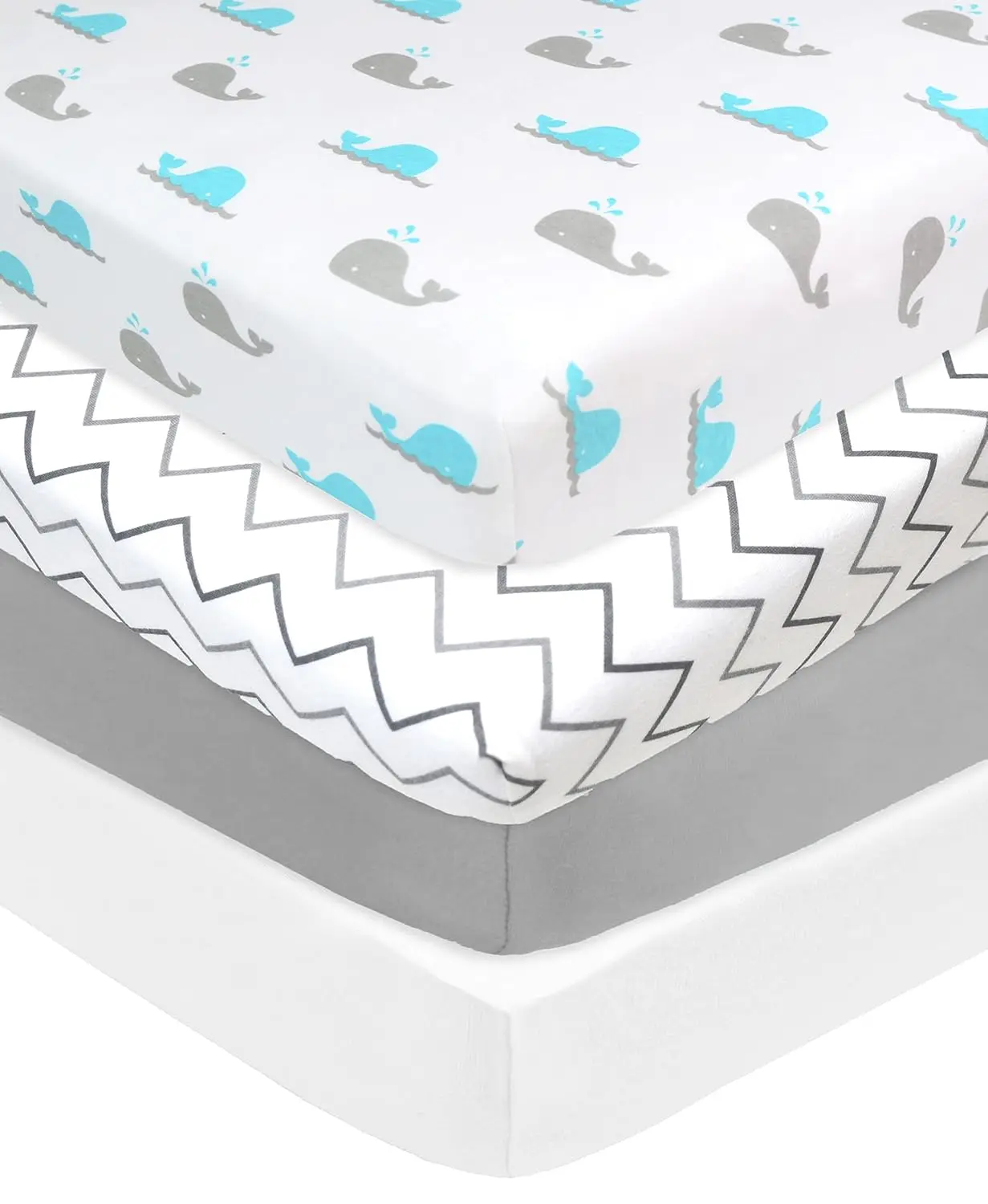 

4 Pa Fitted Crib Sheets 28"" X 52"", Soft Breathable Neutral 100% Cotton Jersey Sheet, Gray Zigzag/Aqua Whale/Gray/White, For