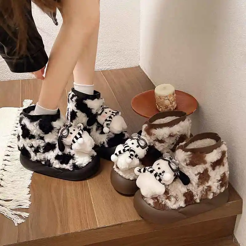 

Зимние флисовые теплые хлопковые ботинки с короткими рукавами, милые уличные универсальные толстые зимние ботинки Sanrio Pochacco с героями мультфильмов, праздничный подарок