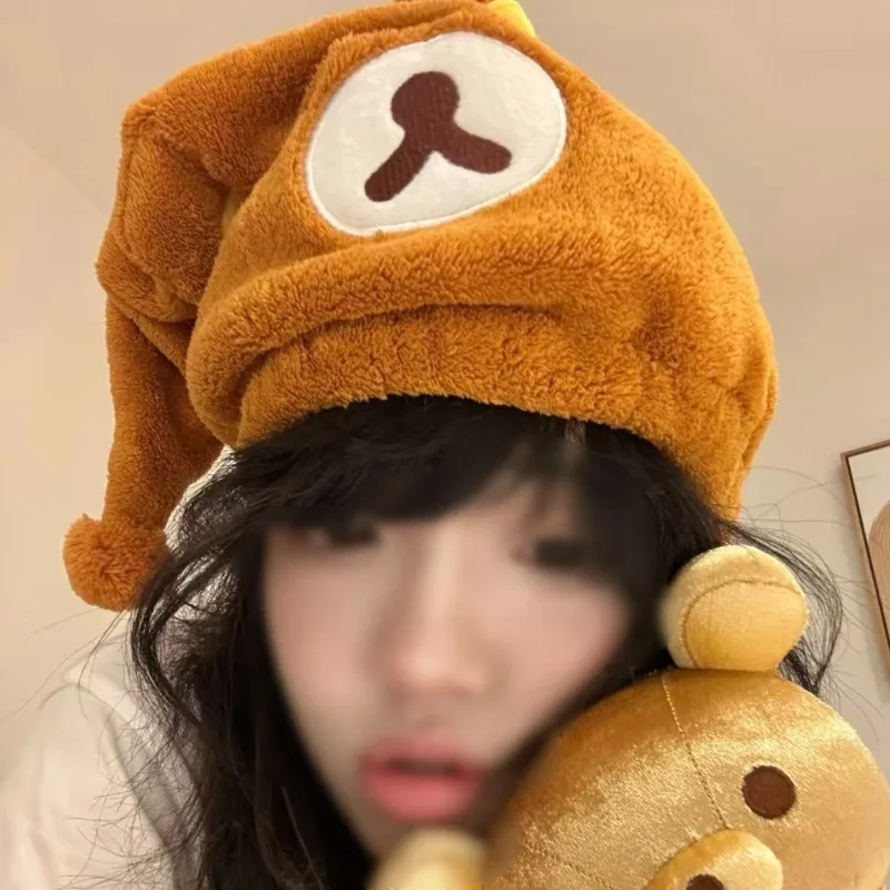 Cartoon Rilakkuma household hair drying cap, water-absorbent, quick-drying hair towel, furry hair-wiping hair cap, shower cap