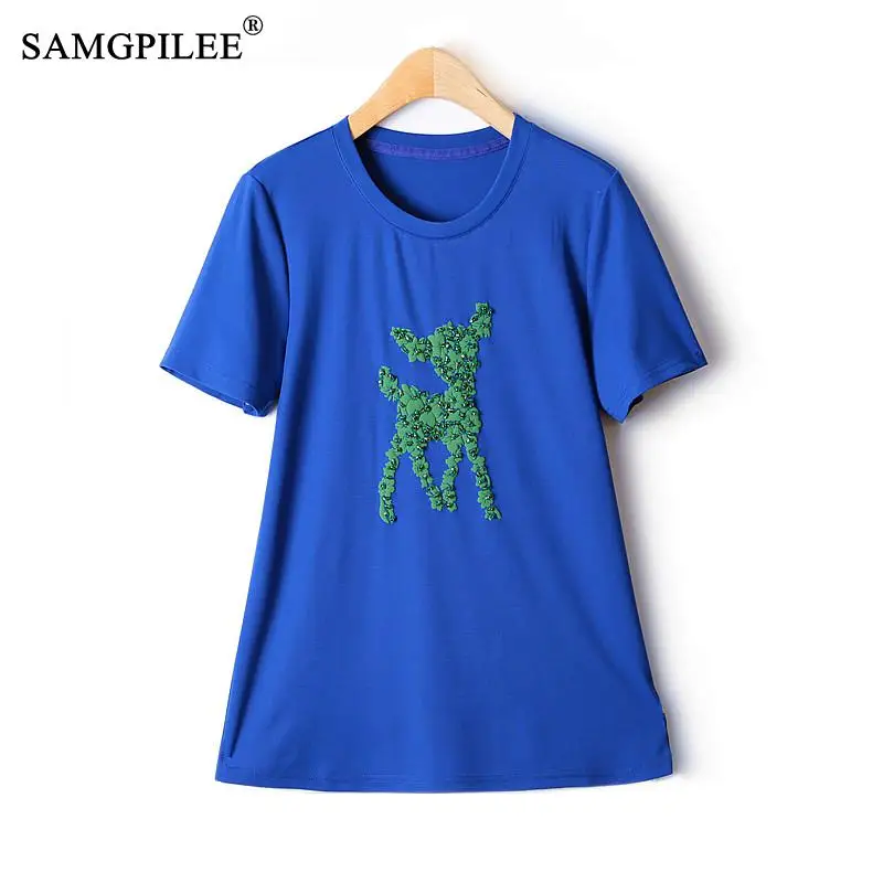 

Oversized T-shirt Three-dimensional Animal Thumbtack Beads Kawaii Korean Elastic Solid Short-sleeved Tshirts Women's Summer 4XL