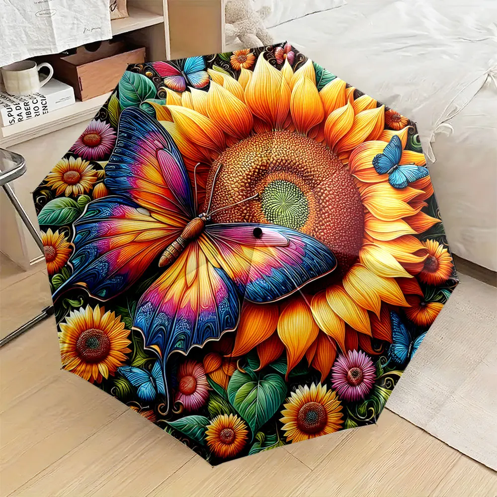 1PC Colorful Butterfly and Sunflower Printed Umbrella Design Print 8 Iron Ribs Folding Umbrella Auto-Open Fashion Sunshade