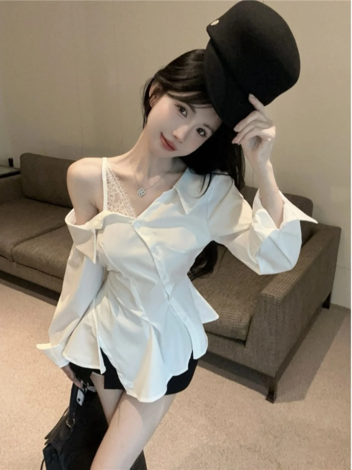 

Slimming Effect Asymmetric Collar Shirt Shoulder Design Long Sleeve Pure Color Women's Autumn Fashion Skin-friendly Breathable