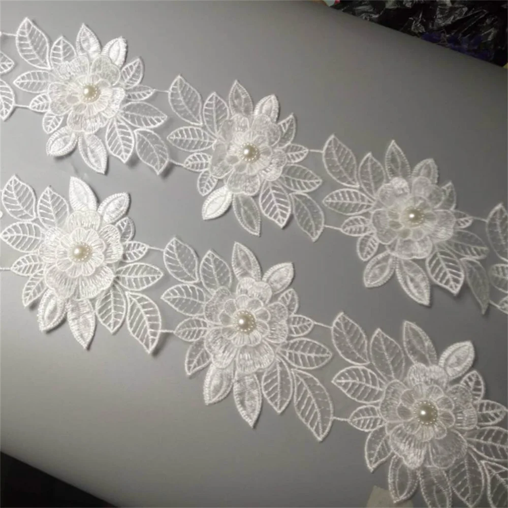 1 yards 9X13 cm White Pearl Flower Leaf Handmade Beaded Embroidered Lace Strip Trim Ribbon Applique Wedding Dress Sewing Craft