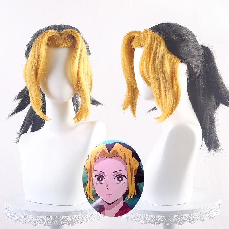 Anime Makiio Cosplay Wig Black and Yellow Two-Tone Single Ponytail Syntheti Wig With Rose Net Halloween Party Anime Cosplay Wigs