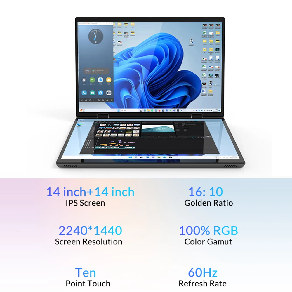 Crelander dual sceen แล็ปท็อป14 + 14นิ้ว2K ทัชสกรีนโน้ตบุ๊ค Intel N95 CPU 360องศาพับได้กล่องโลหะคอมพิวเตอร์แล็ปท็อป2 in 1