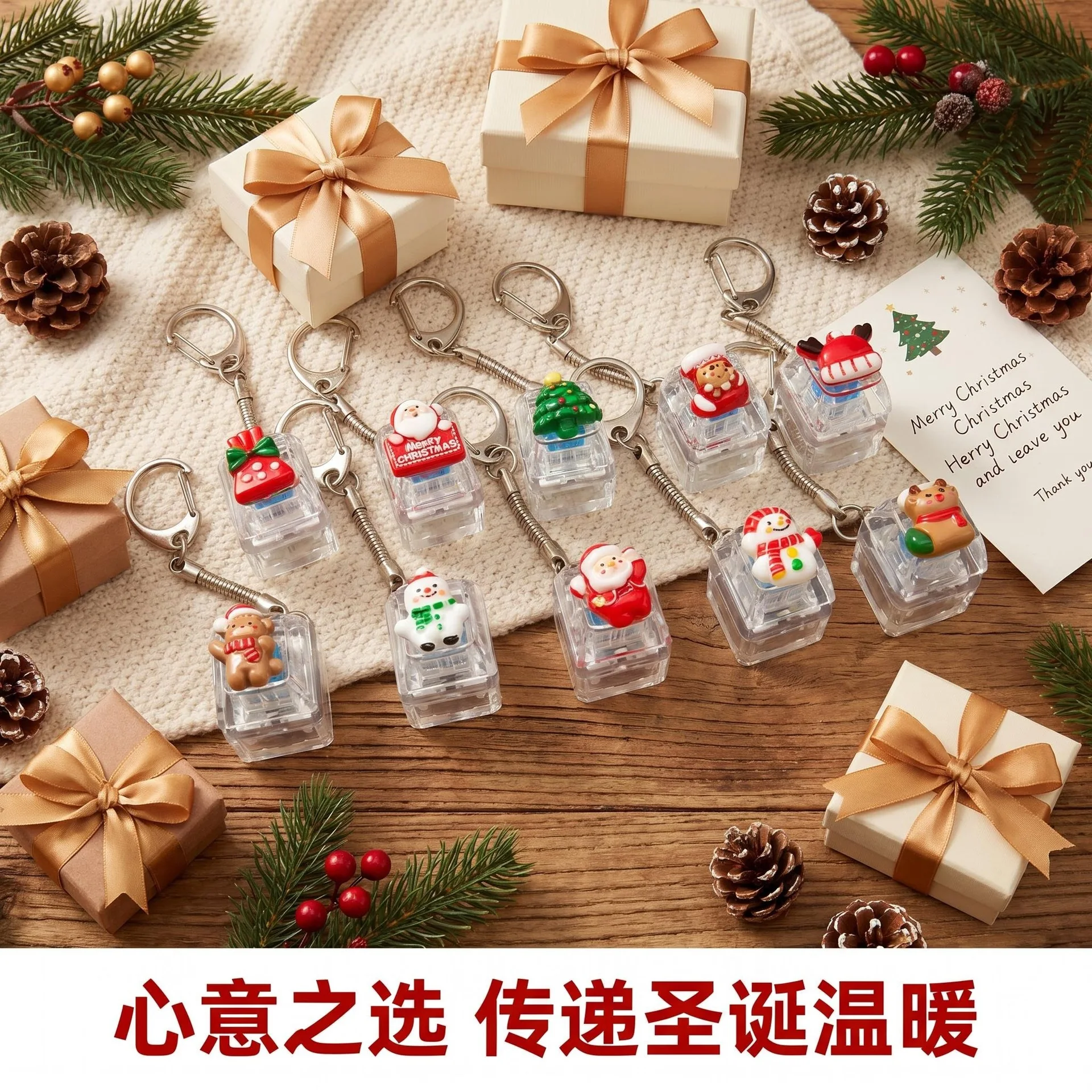 Christmas Cute Single LED Light-up Fidget Clicker Keychain, DIY Cartoon Character Pendant Stress Relief Toy