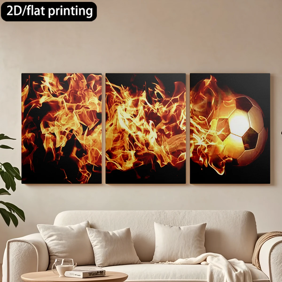 

2D плоская печать, 3-х частная декоративная картина на холсте в деревянной раме. Футбольный мяч, окутанный пламенем. Декор для коридора и спальни.
