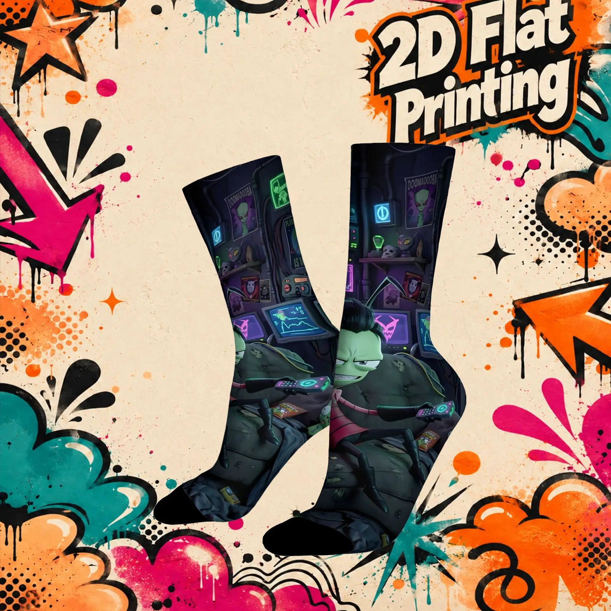 Invader Zim Anime Retro  Hip Hop Novelty Pattern Mid Tube Winter Sock Sports Socks