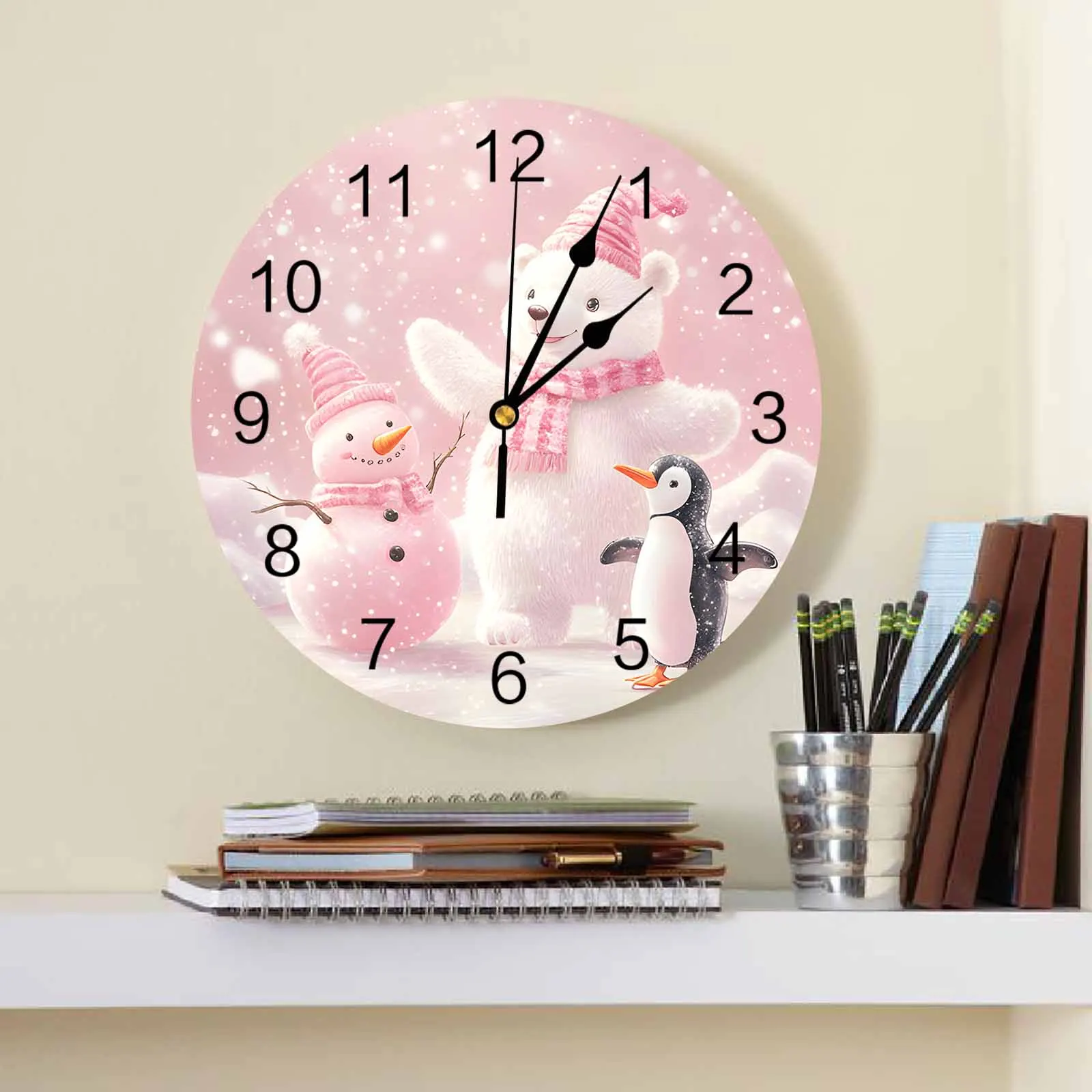 Christmas Pink White Bear Penguin Wall Clock Large Modern Kitchen Dinning Round Wall Clocks Watches Living Room