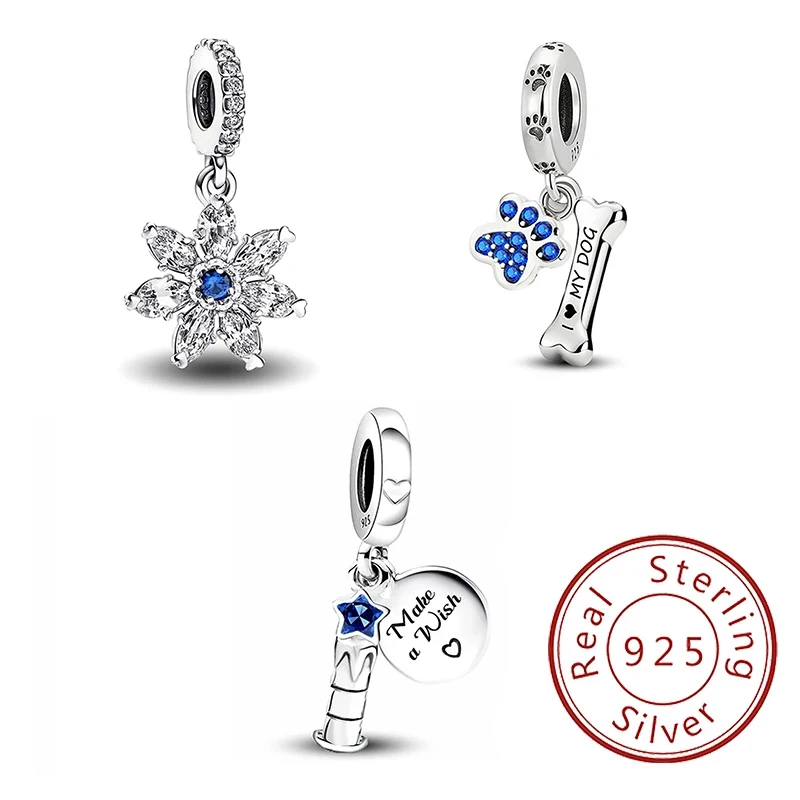 925 Sterling Silver Snowflake Blue Dog Candle Charms Beads Fit Original Pandora Bracelets Bangles Making Gift Of Fine Jewelry