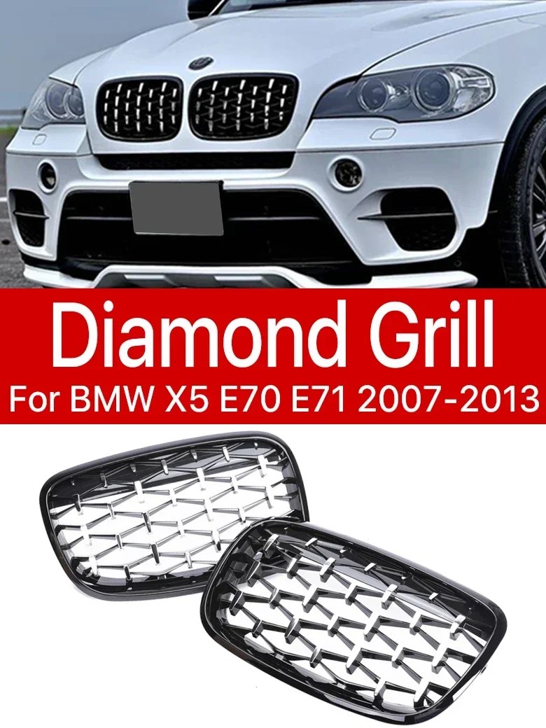 

New！ Diamond Chrome Grille Kidney Front Bumper Facelift Grill Inside Cover Replacement For BMW X5 X6 E70 E71 2008-2014 2009 2010