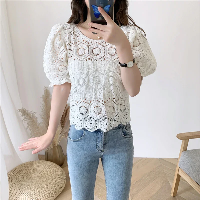 Sleeve Blouse Loose Sexy Round Neck Pullover with Lace Top Blusas Clothes for Women Tops Shirts Blouses