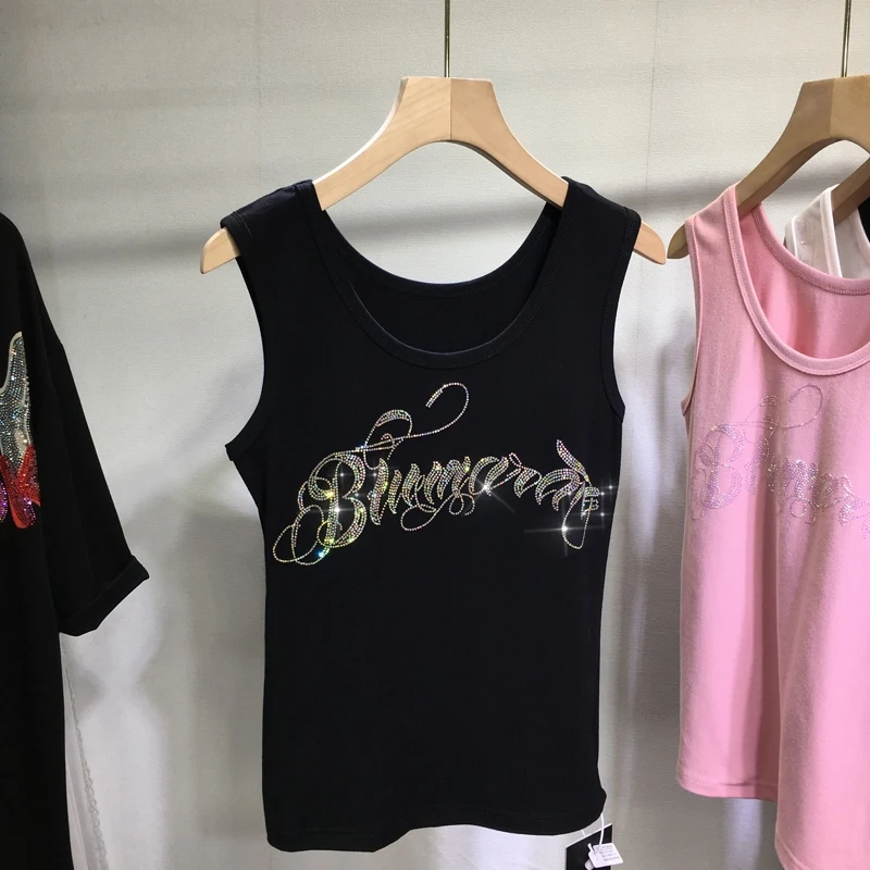 

Shiny Letters Hot Drilling Women Tanks Top All-match High Stretch Slimming Basic Tops Spring Summer Sleeveless T-shirt Camisole