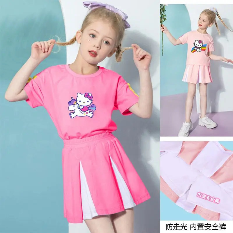 Kawaii Sanrioed Hellokittys Kids Fashion Outfit Girls Cartoon Short Sleeve Pleated Skirt Summer Preppy Sports Skirt Suit Gift