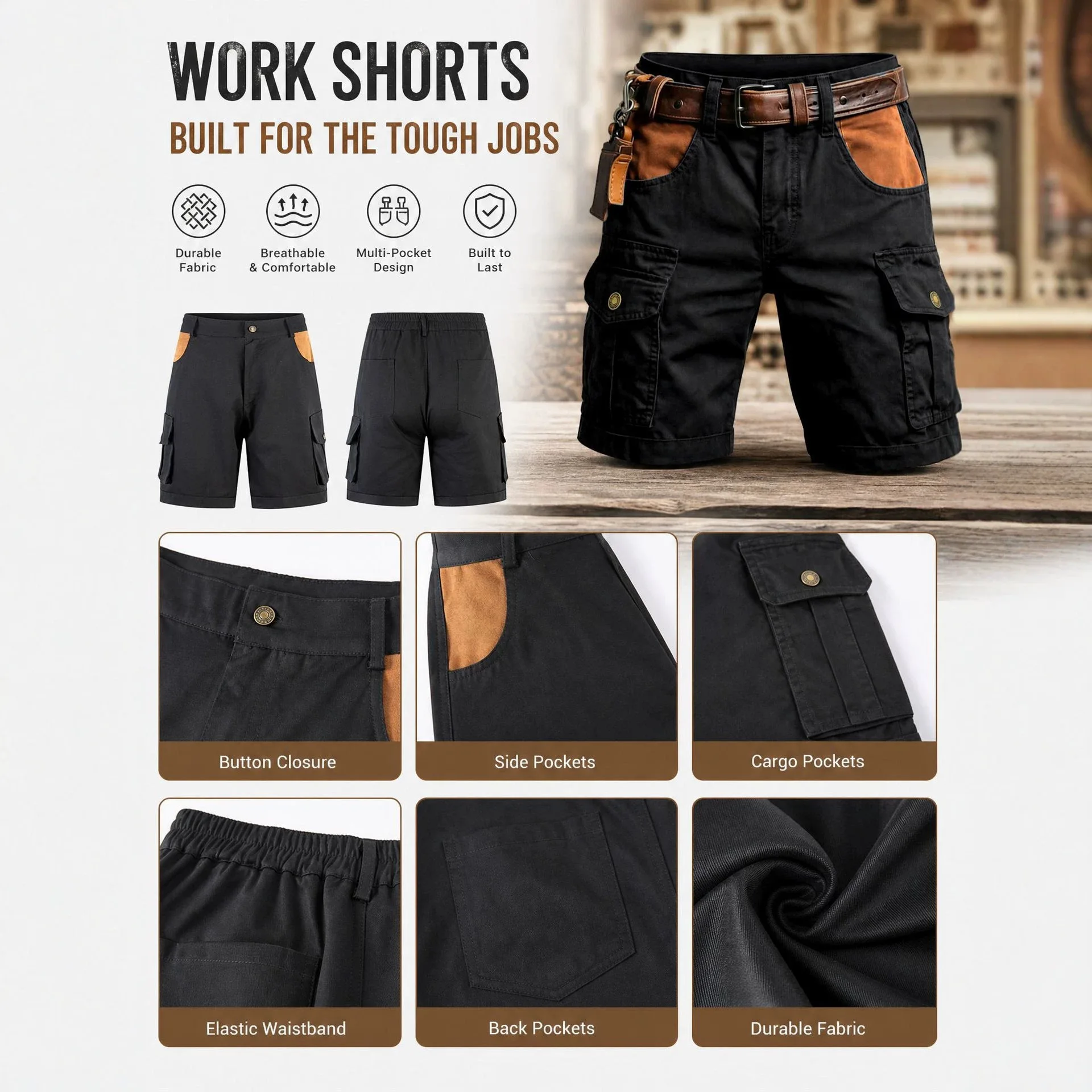 100% Baumwolle Herren Cargo-Shorts Sommer Amerikanischer Street-Punk-Stil Gespleißte Freizeitshorts Outdoor Herren Multi-Taschen-Sportshorts – Detail 2