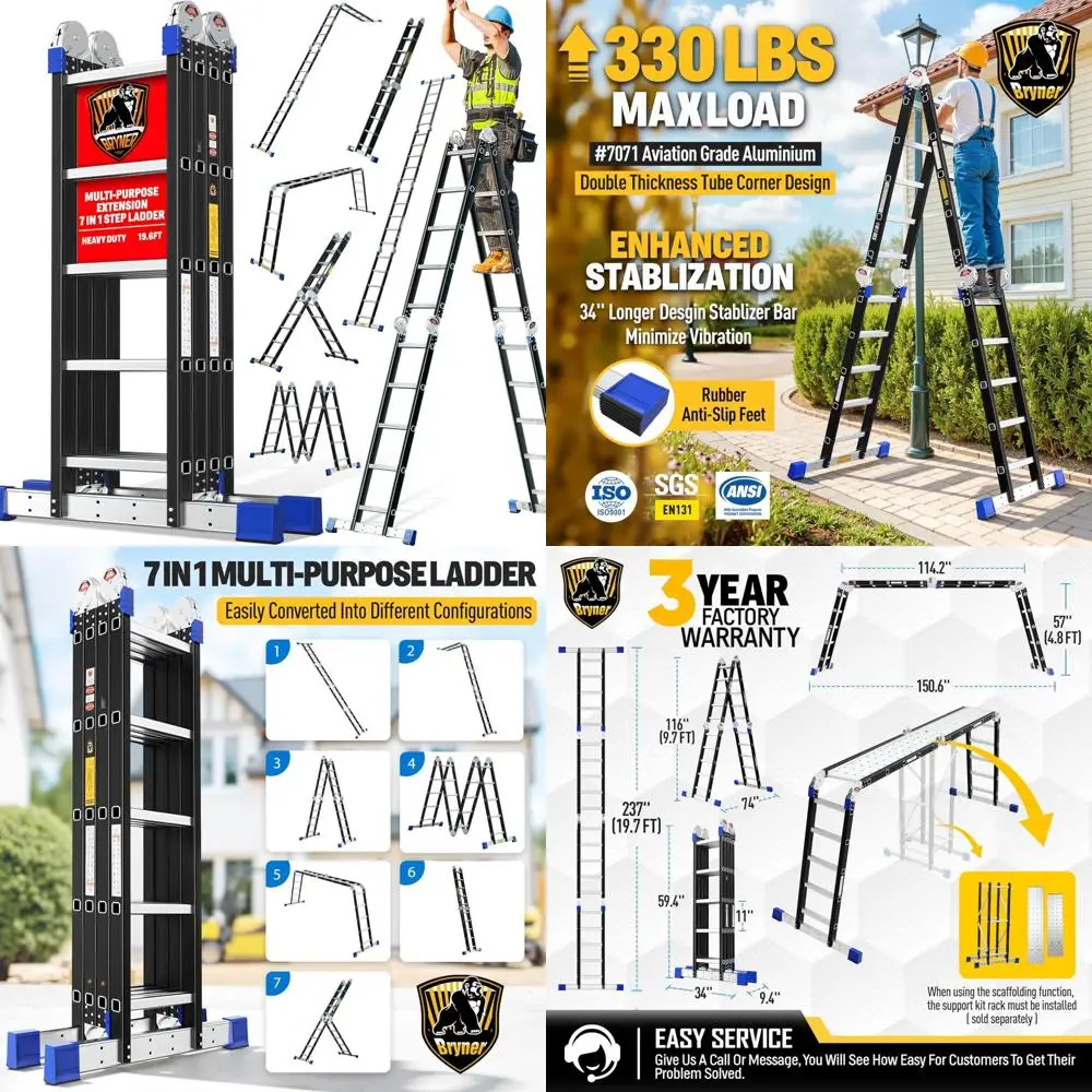 

Multi-Purpose Aluminum Telescoping Ladder, 7-in-1 Step Ladder, Adjustable Extension Ladder, 19.7ft Height, 330lbs Capacity, Fold