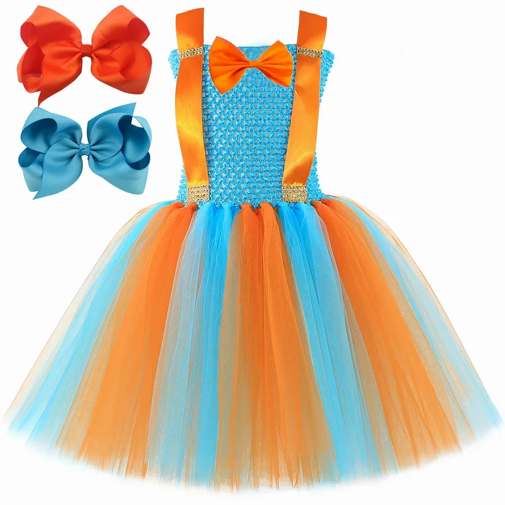 Kids Cartoon Cosplay Orange Skyblue Blipp Costume for Baby Girls English Teacher Tutu Dress Up Outfit Clothes with Hat Glasses