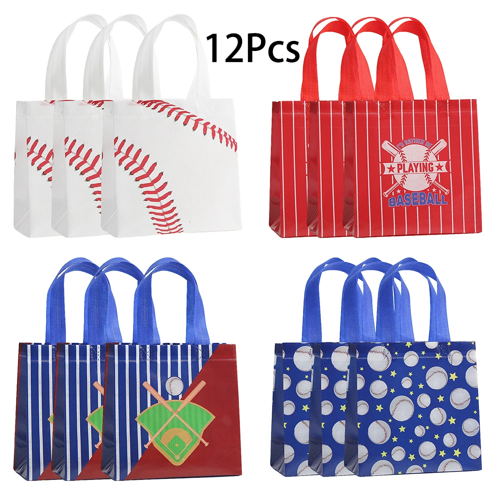 12Pcs Sports Baseball Game Theme Non Woven Gift Packing Bag Candy Bag for Kids Birthday Baby Shower Retirement Party Decoration