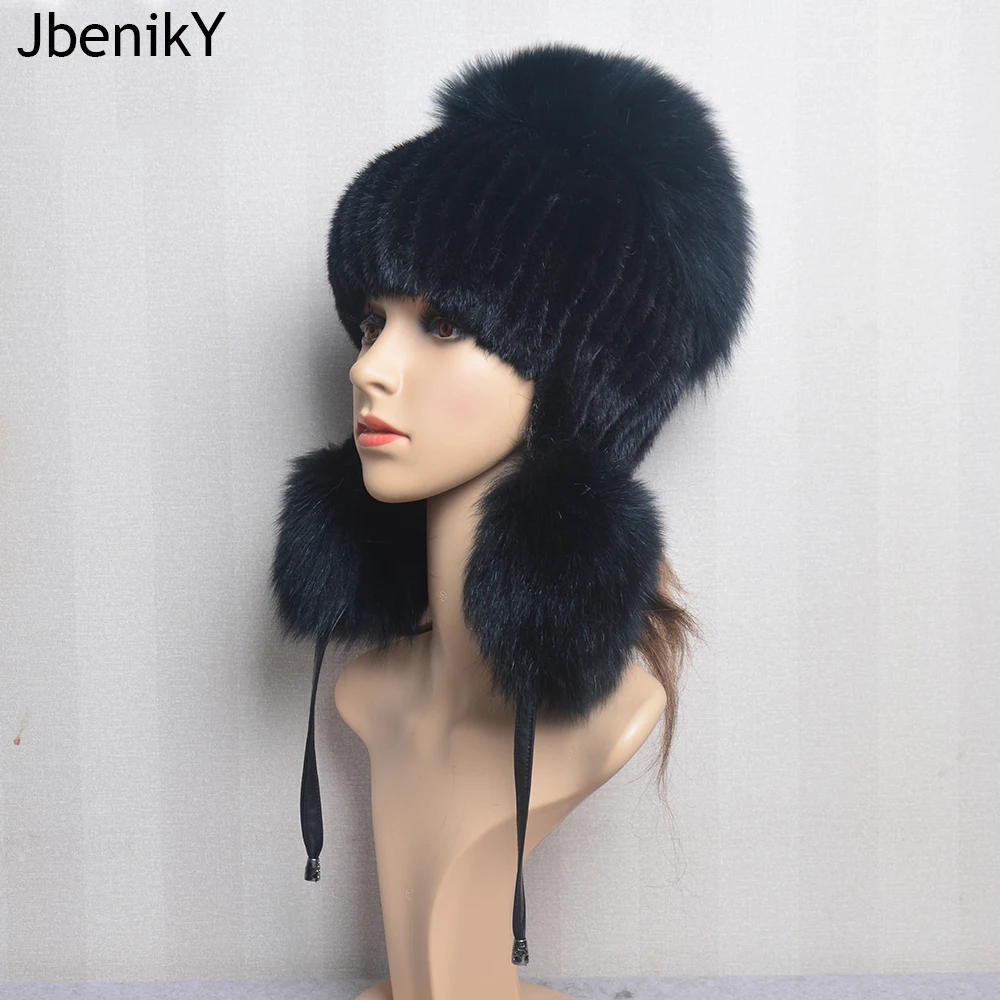 Luxury Woman Autumn Winter Mink Knit Bomber Hat Thick Female Fluffy Pompom Outdoor Warm Windproof Earflap Trapper Snow Ski Caps