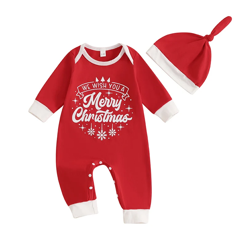 

Baby 2Pcs Christmas Outfits Long Sleeve Round Neck Letter Print Romper Hat Set Holiday Clothes