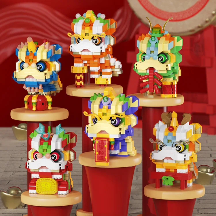 

Children's educational toys Chinese New Year national tide wind lion dance small particle assembly building block set of 6