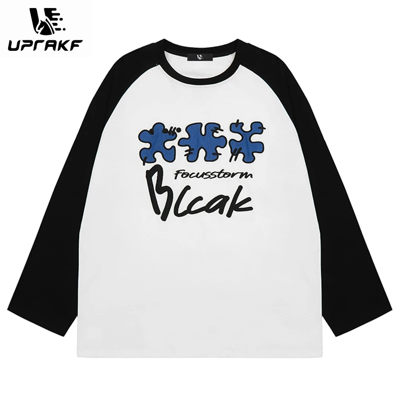 

UPRAKF Pure Cotton Color Contrast T Shirt Letter Print Loose Tops Hip Hop Oversize Long Sleeve Patchwork Streetwear Korean Style