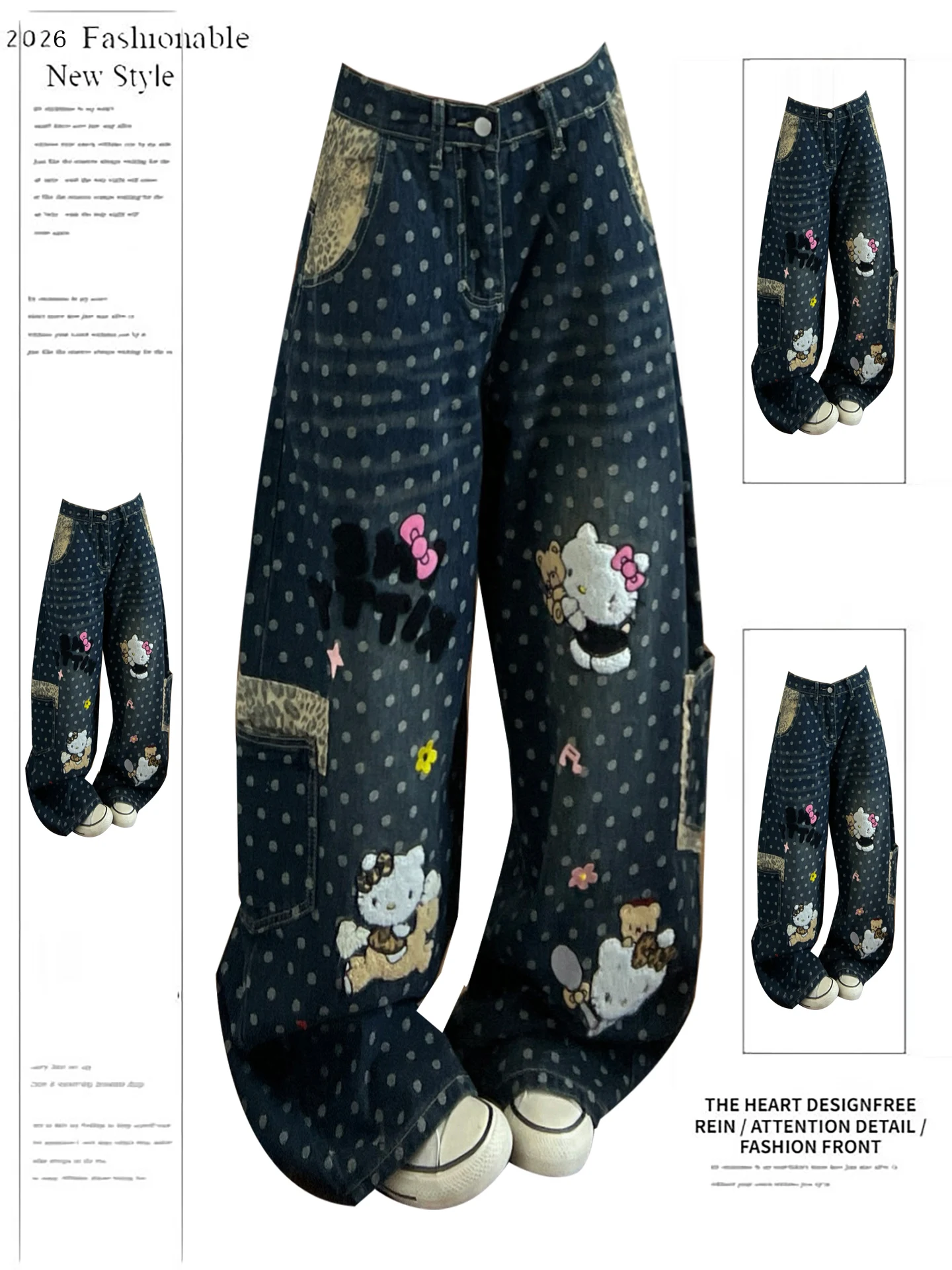 

Новые женские джинсы с широкими штанинами и вышивкой в стиле леопард, с высокой талией, повседневные, из мягкого денима, неэластичные, синие