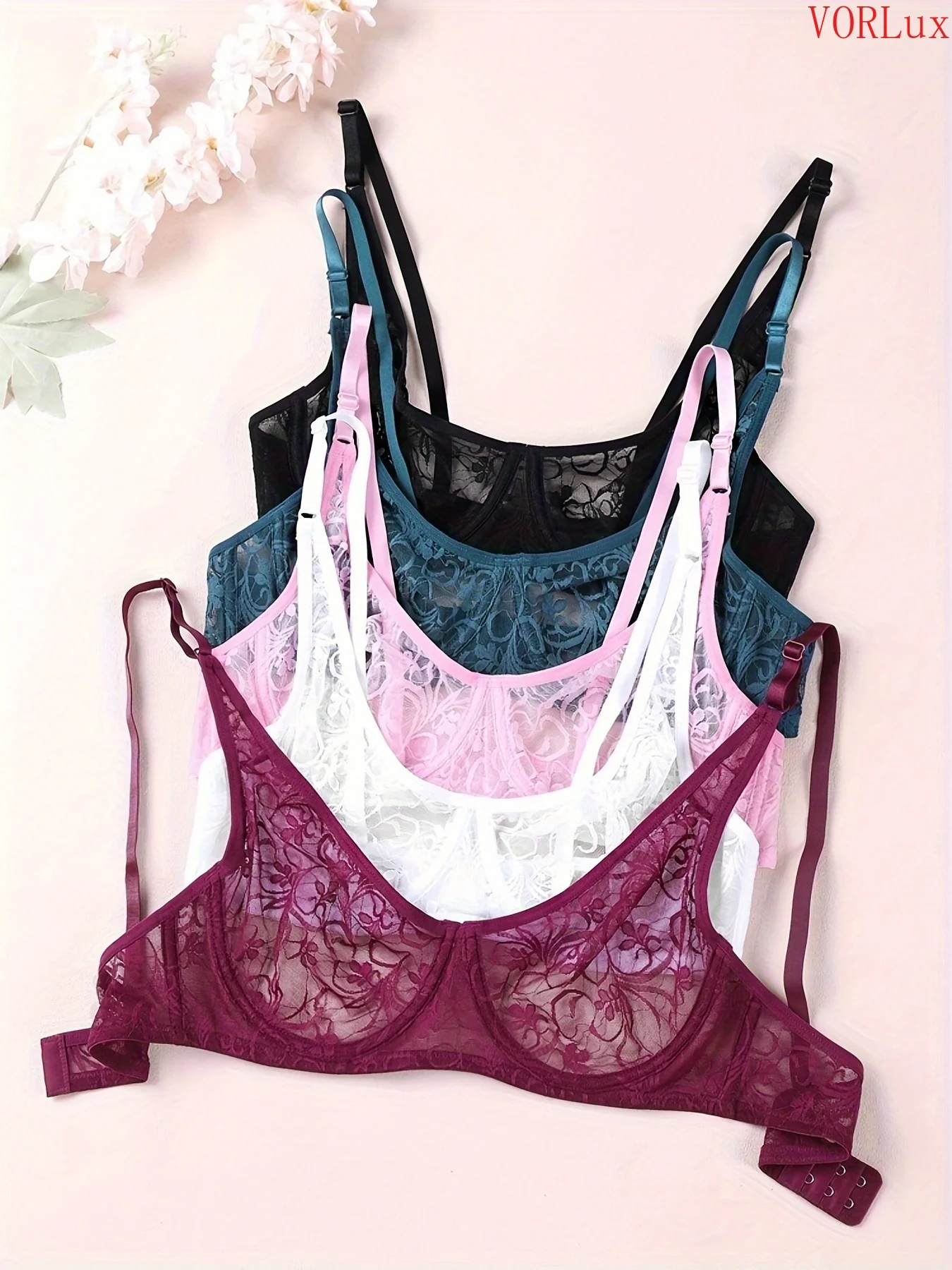 5Pcs Women Plus Size Sheer Lace Underwire Bra, Sexy Unpadded Brassiere with Adjustable Shoulder Straps, Comfort Support Leisure Everyday Lingerie