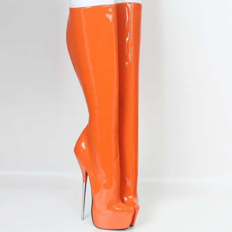 CACA 21cm Extremely High Metal Heel Women Knee Boots,Men Platforms Dance Shoes,Fetish Booties,Gothic Botas,Thick Botom,Orange