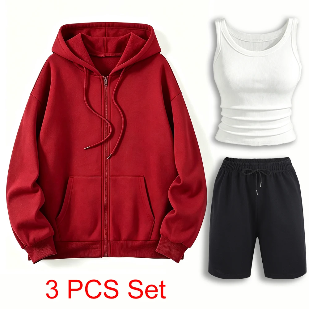 Solid Color Vacation Y2K 3PCS Autumn Zipper Women's Hoodies Suit Wide-Leg Short Pant Korean Crewneck Camisole Casual Tracksuit