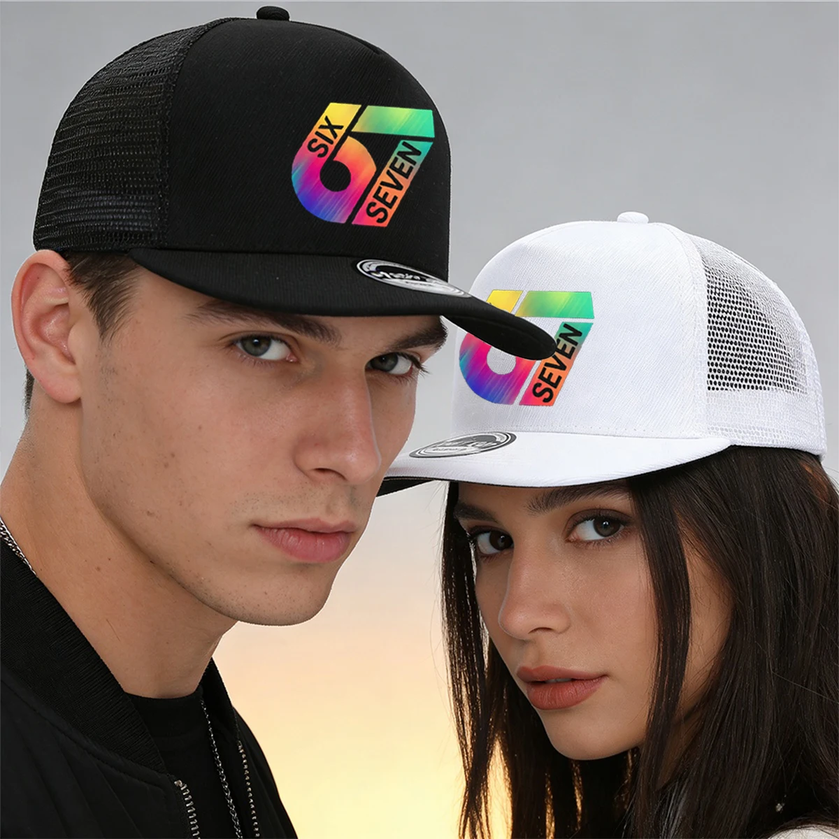 1/2PC Flat Brim Mesh Trucker Hat, Breathable, Gradient 67 SIX SEVEN Print, Retro Streetwear for Men Women