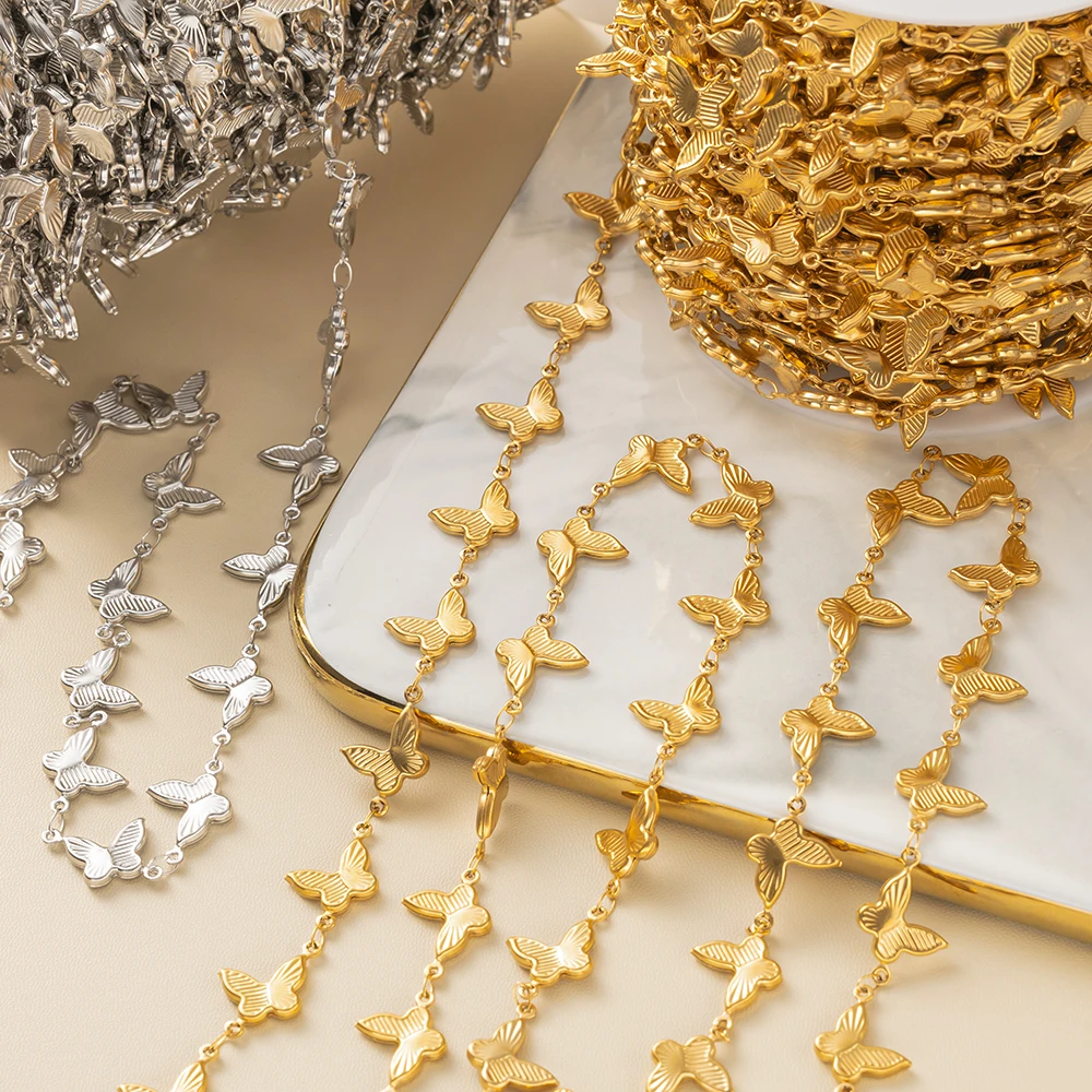 1Meter 18k Gold Plated Stainless Steel Handmade Butterfly Charm Link Chain or DIY Craft Bracelet Ankle Finding Supplies Findings