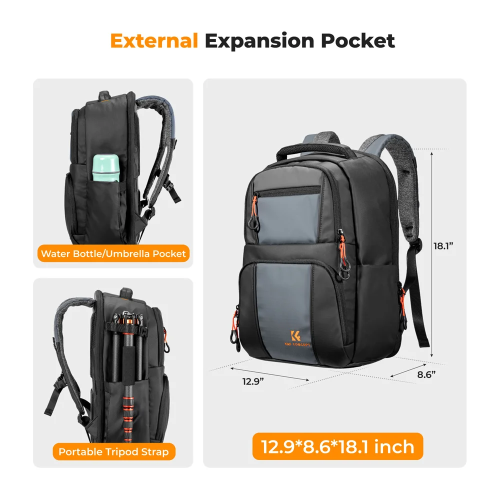 K&F Concept 30L Professional Camera Backpack Outdoor Travel Bag High Capacity 33*22*46cm with Rain Cover for Sony Canon Nikon