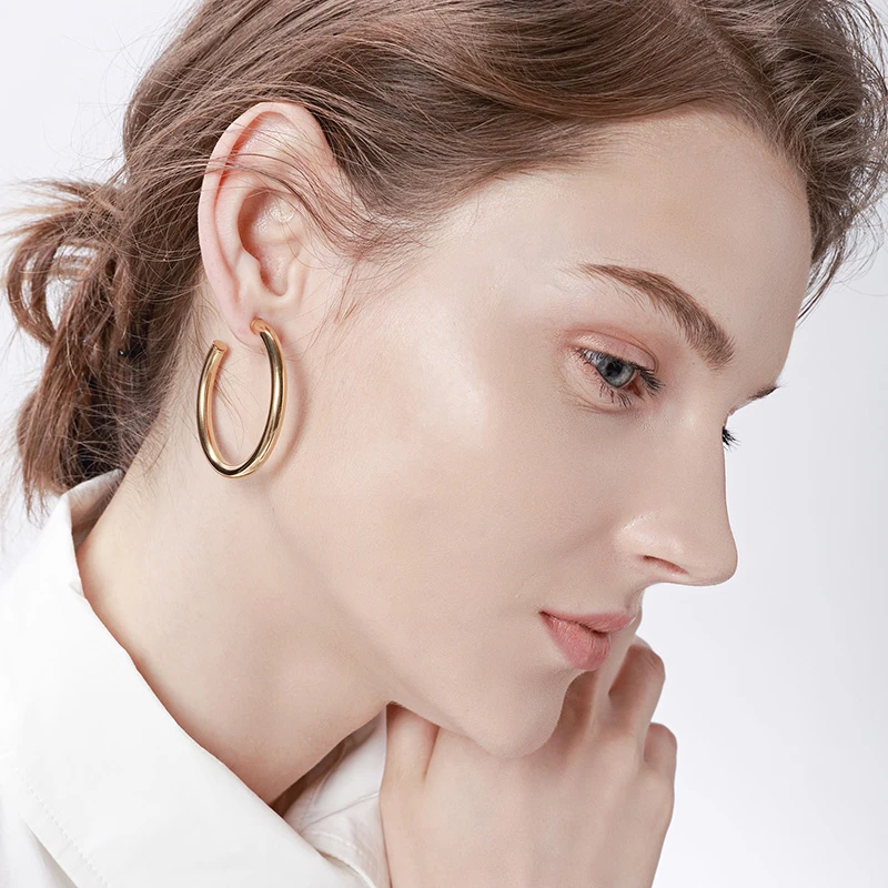 Classic Open Round Stud Earrings Brincos For Women Jewelry Simple Big Exaggeration Stainless Steel Ear Bijoux