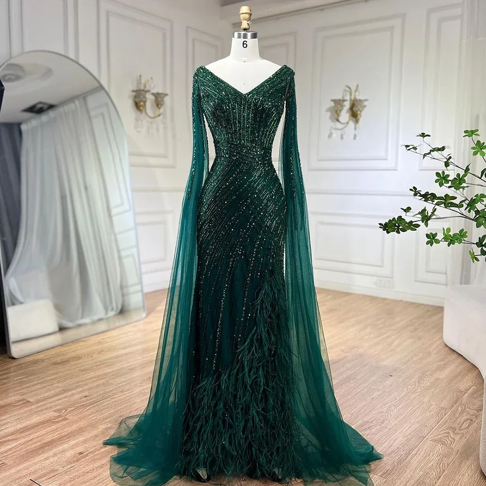 Serene Hill Black Mermaid Cape Sleeves High Split Luxury Beaded Feathers Evening Dresses Gowns 2024 For  LA72216 Customized