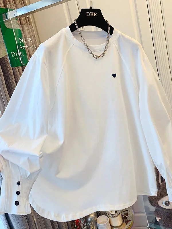 Camiseta de talla grande para mujer, camiseta sencilla con forma de corazón, blanca, de manga larga, para primavera y otoño, camisa fina con hombros descubiertos, de algodón transpirable