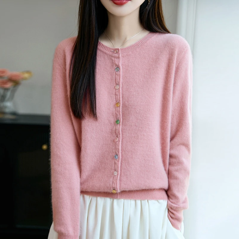 

New Style Autumn Winter Women 100% Merino Wool Sweater Elegant Knitted Cardigan Cashmere Blouse Woman Long Sleeve Warm Tops