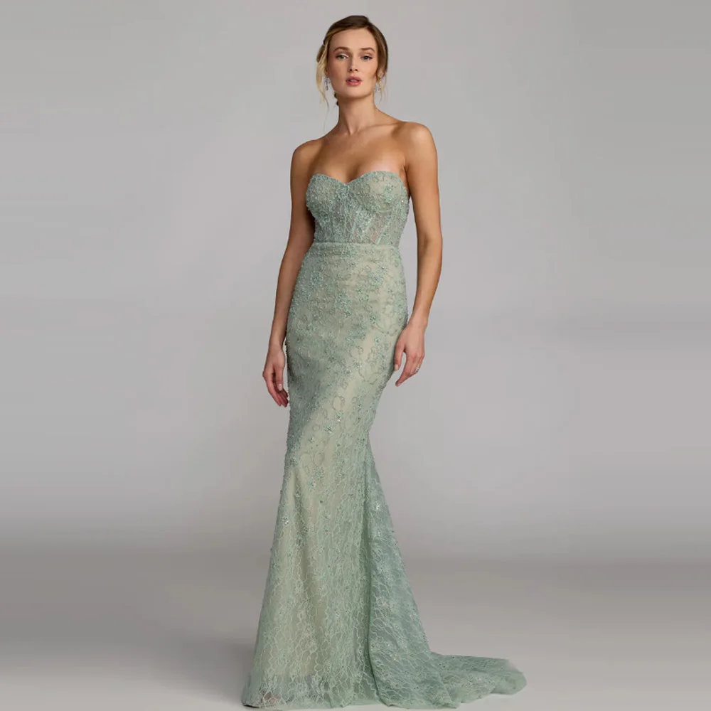 

Elegant Mint Green Strapless Lace Mermaid Evening Dress, Beaded Floor Length Formal Prom Gown with Train, Customized