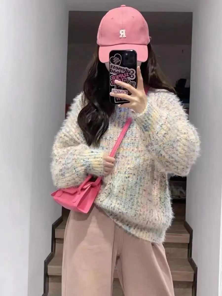 Mink-like Hair Pink Explosions Soft Waxy Color Loose Knit Pullover Sweater Women's Autumn and Winter New Lazy Wind Top.