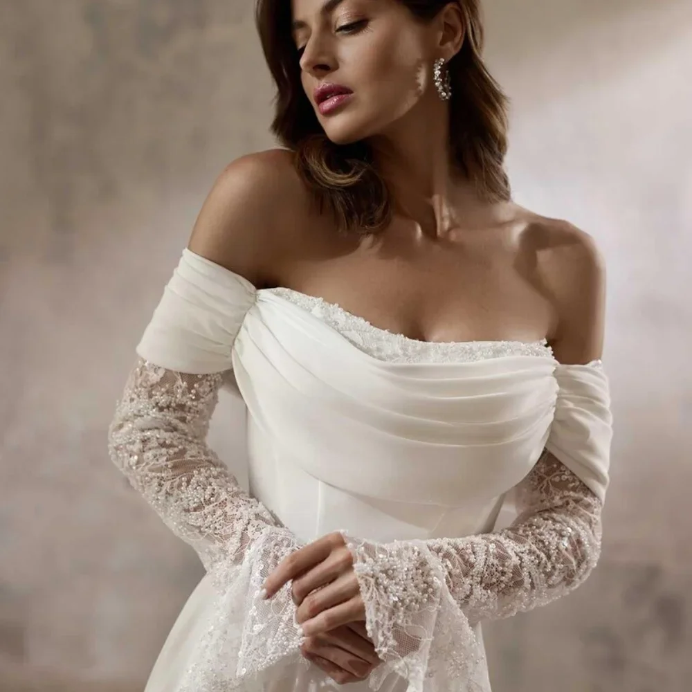 

Customized White Pearls Sleeves Off the Shoulder Wedding Dress Strapless Floor-Length vestidos de noiva