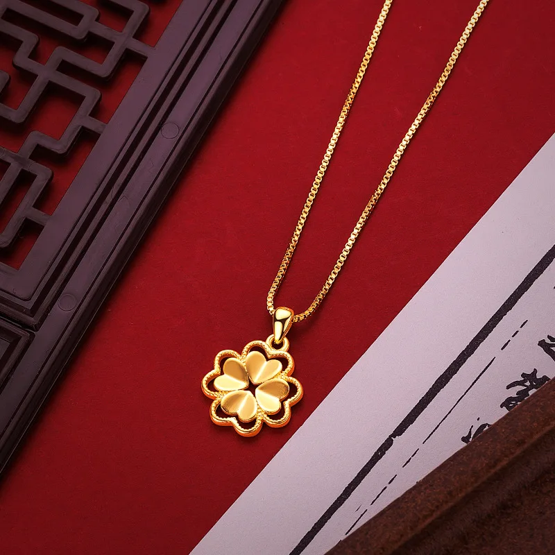 Fashion 24K real gold four-leaf clover necklace women light luxury design sense au9999 gold love lucky grass collar bone necklac