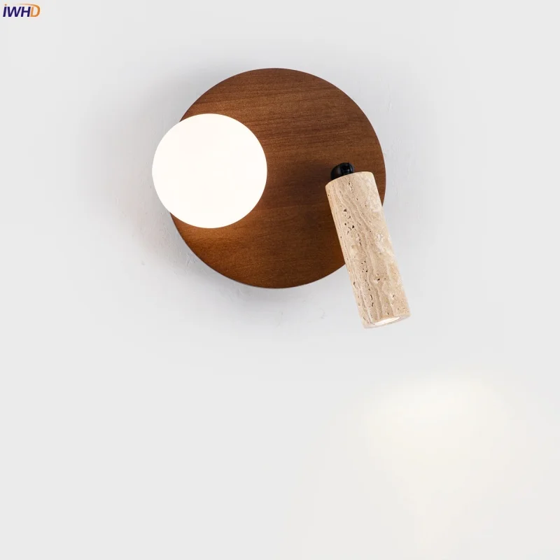

IWHD Wood Glass LED Wall Sconce Nordic Modern Bathroom Mirror Stair Lights Yellow Travertine Bedroom Wall Lamps Applique Murale