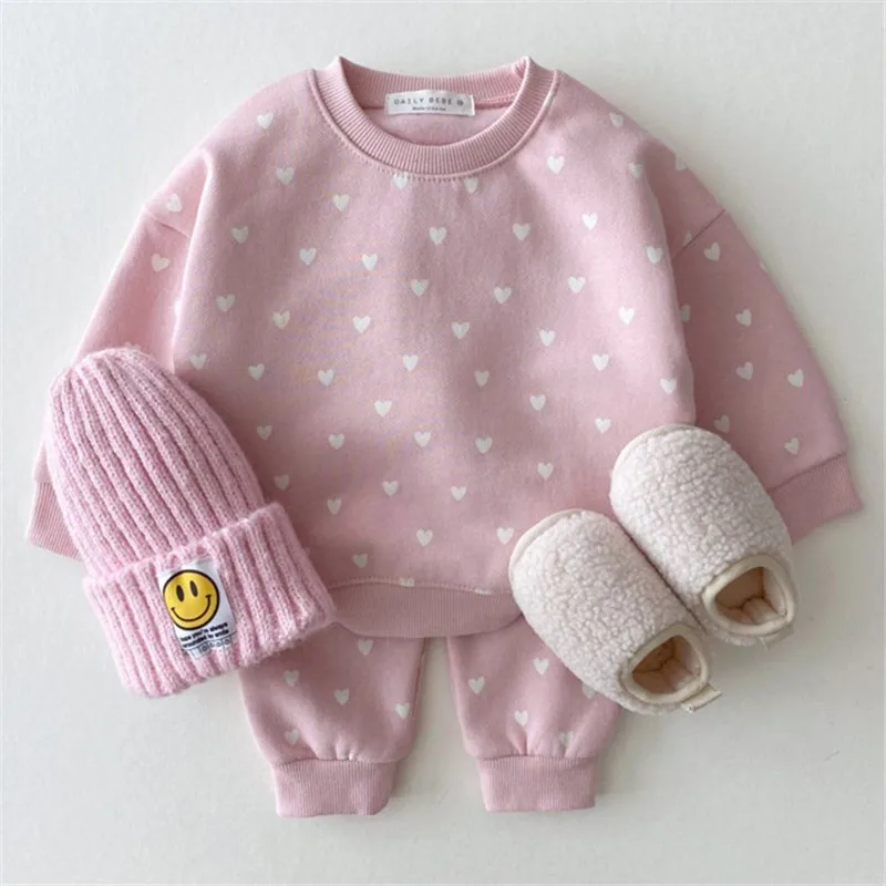 2024 Spring New Baby Girl Outfits Full Heart Boys Clothing Sweatshirt + Pants 2pcs Suit Toddler Girls Clothes Set 0-3Years