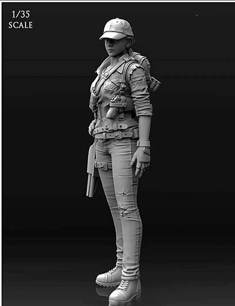 Weiblicher Söldner-Harz-Mikro-Miniaturfigur im Maßstab 1:35, 3D-gedrucktes weißes Modellspielzeug Gk, unmontierter und unbemalter Bausatz