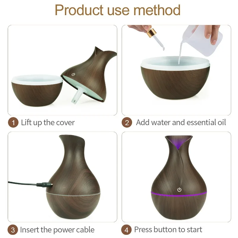 130ml Wood Aroma Diffuser - USB Mini Essential Oil Humidifier (Ultrasonic Cool Mist, 7-Color LED Mood Light, Auto Shut-Off）
