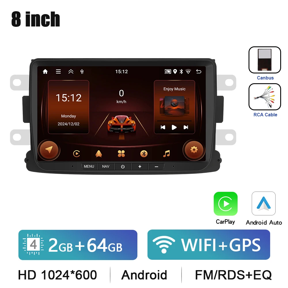 Podofo 8 "Autoradio CarPlay Android Radio Voor Renault Dacia Sandero/Duster/Logan/Dokker 2010-2015 multimedia GPS Bluetooth FM