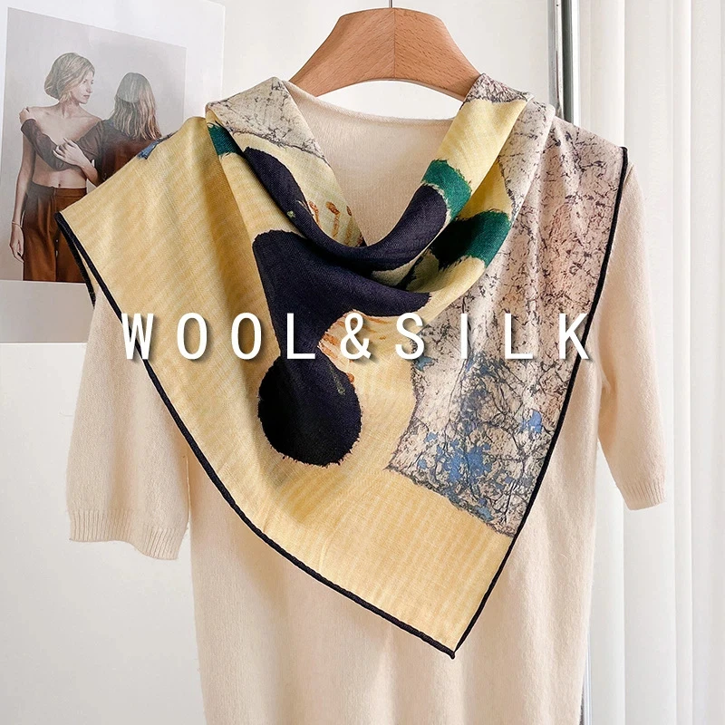 Reversible Wool Silk Square Scarf for Women Vintage Abstract Art Painting Print Double‑Sided Neckerchief Accessory